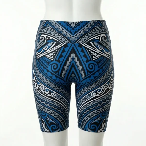 Tribal print sublimated long compression shorts back.