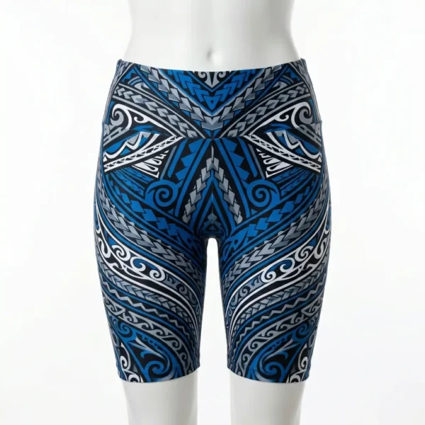Tribal print sublimated long compression shorts front.