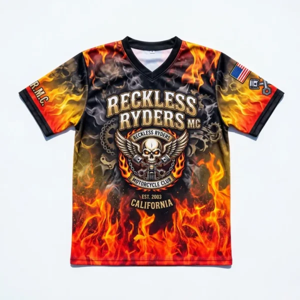 A V-neck motorcycle club jersey featuring intense orange flames, a winged skull with crossed pistons.