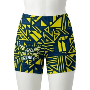 Sublimated Valkyrie geometric high wasted roller derby shorts front.