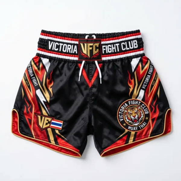 Front view of black Victoria Fight Club kickboxing shorts with an orange tiger graphic, gold waistband text, and red side accents.