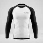 Front view of a white martial arts rash guard featuring contrasting solid black short sleeves and heavy-duty stitching.