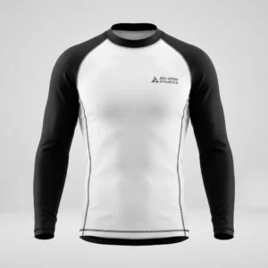 Front view of a white martial arts rash guard featuring contrasting solid black short sleeves and heavy-duty stitching.