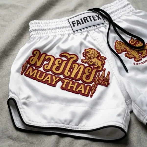 White silicon rubber printed muay thai shorts.