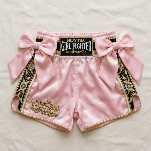 Women's pink embroidered muay thai shorts with satin bows.