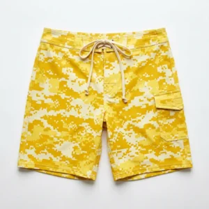 Yellow white digital camo board shorts front.