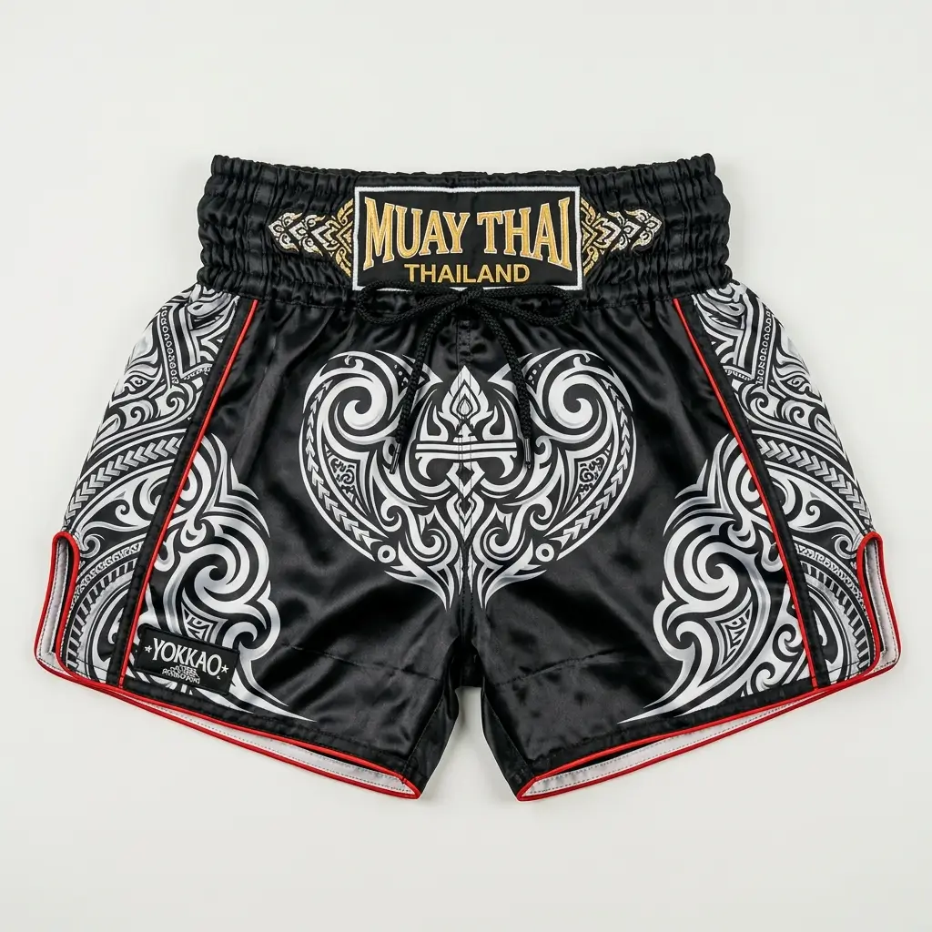 Front view of Yokkao black Muay Thai shorts featuring a white tribal pattern, red piping, and a gold embroidered waistband patch.