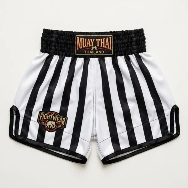 Front view of zebra-striped black and white Muay Thai shorts featuring a traditional waistband patch and an elephant fightwear logo.