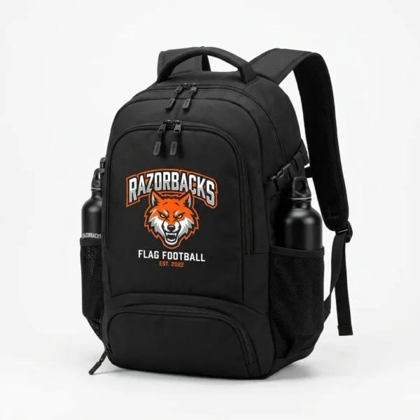 Black custom team printed flag football backpack.