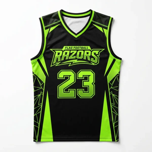 Black green sublimated sleeveless flag football jersey.