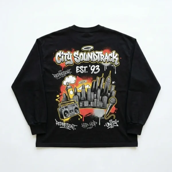 Black street sounds long sleeve oversized t-shirt back.