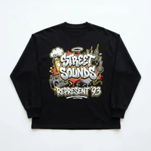 Black street sounds long sleeve oversized t-shirt front.