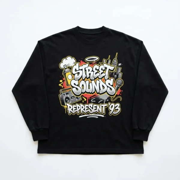 Black street sounds long sleeve oversized t-shirt front.