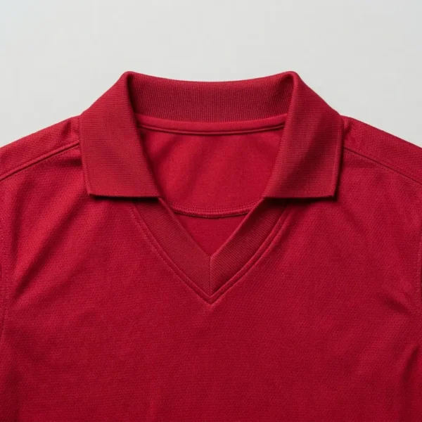 Blank red johnny collar jersey closeup.