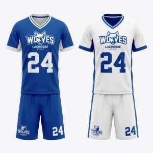 Blue and white custom reversible lacrosse uniform front.