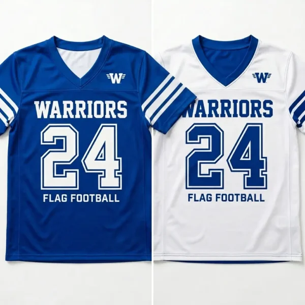 Blue, white reversible flag football jerseys.