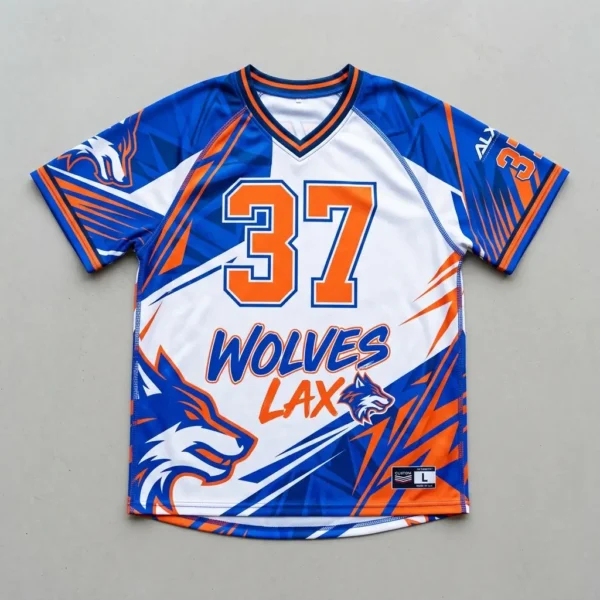 Blue, white sublimated lacrosse jersey.