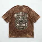 Brown bleach washed gangster oversized t-shirt front.