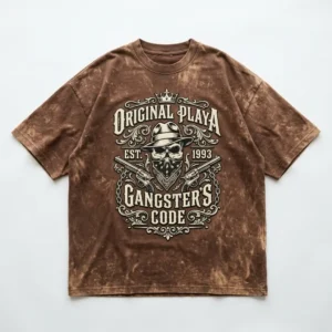 Brown bleach washed gangster oversized t-shirt front.