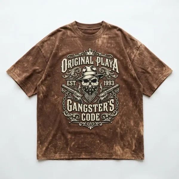 Brown bleach washed gangster oversized t-shirt front.