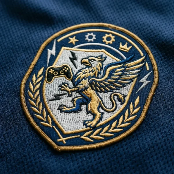 Closeup of griffin gaming patch on navy blue jersey.