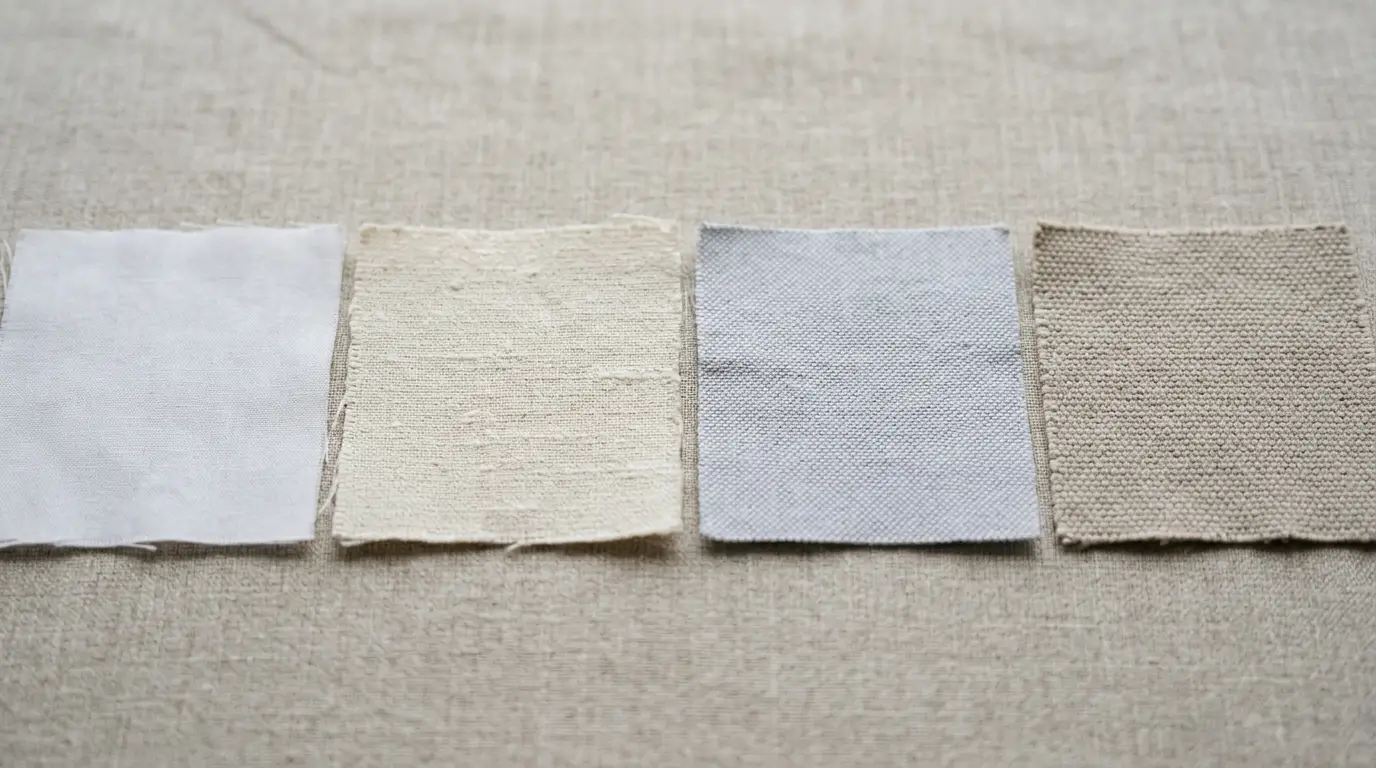 Four distinct cotton apparel fabric swatches in white, cream slub, light grey, and beige showing different textures and knit weights side by side.