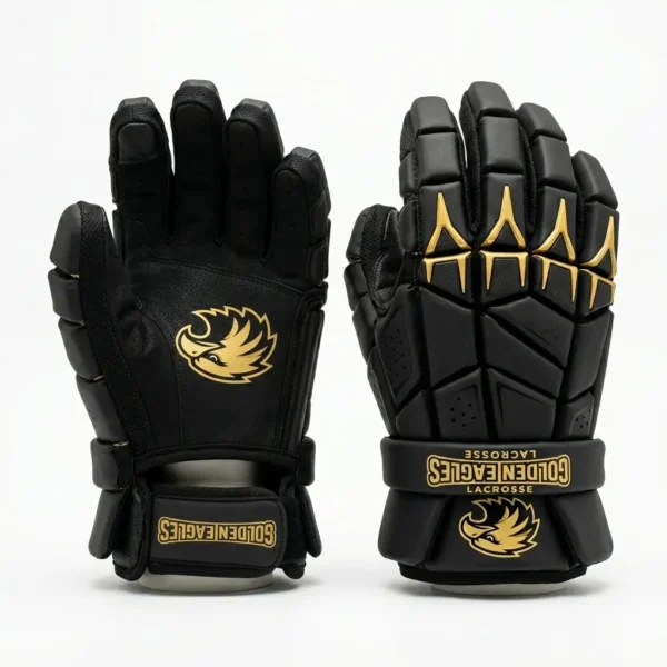 Custom black and gold lacrosse gloves.