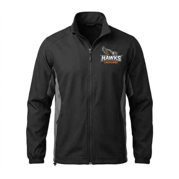 Custom black lacrosse coaching jacket with team logo.