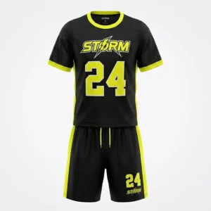 Custom black porthole lacrosse uniform front.