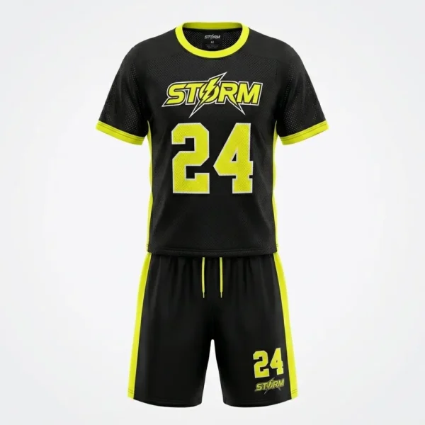 Custom black porthole lacrosse uniform front.