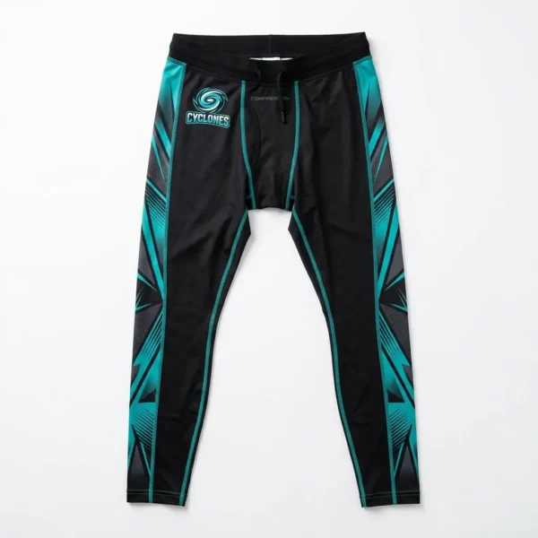 Custom black, teal sublimated compression pants.