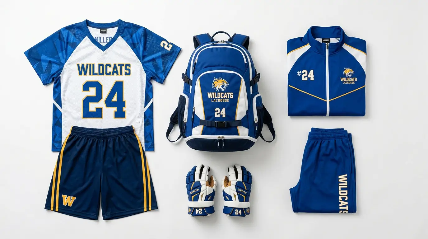 Custom blue and white lacrosse team uniform package.