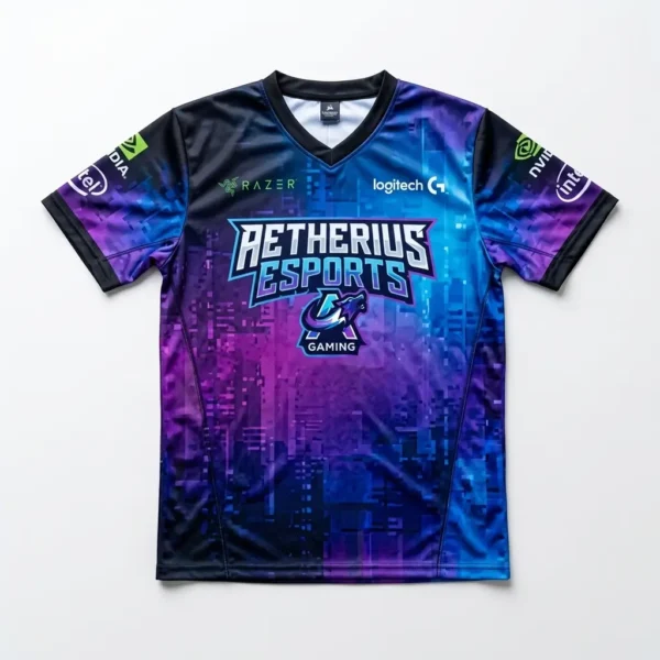 Custom blue black, purple sublimated ESports team jersey.