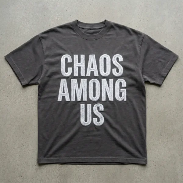 A custom oversized t-shirt with embroidered text "CHOAS AMONG US".