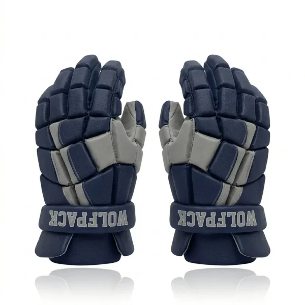 Custom navy blue lacrosse team gloves back.