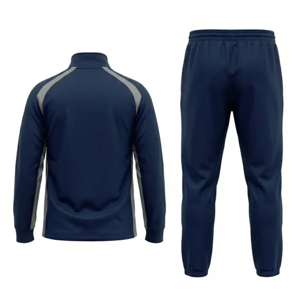 Custom navy blue lacrosse team tracksuit back.