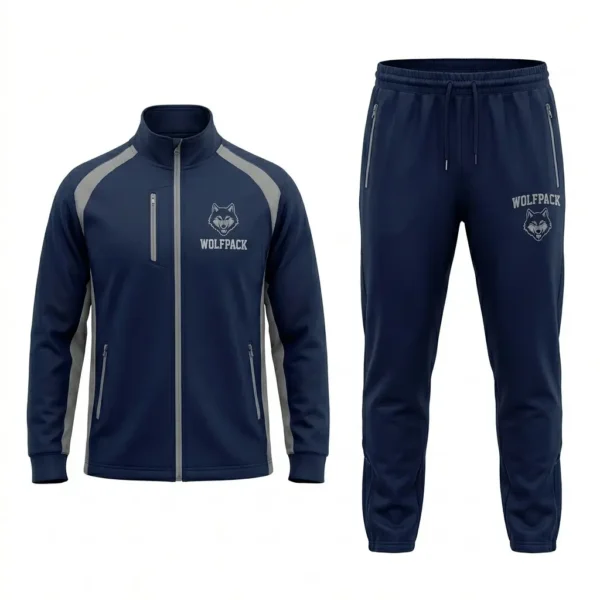 Custom navy blue lacrosse team tracksuit front.