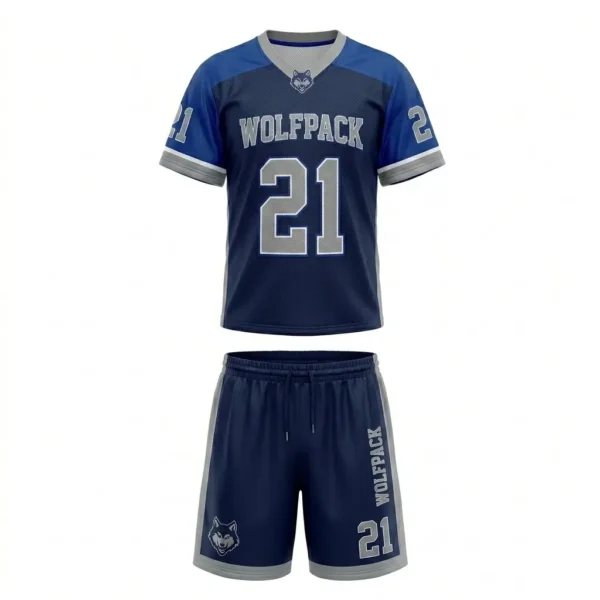 Custom navy blue lacrosse team uniform front.