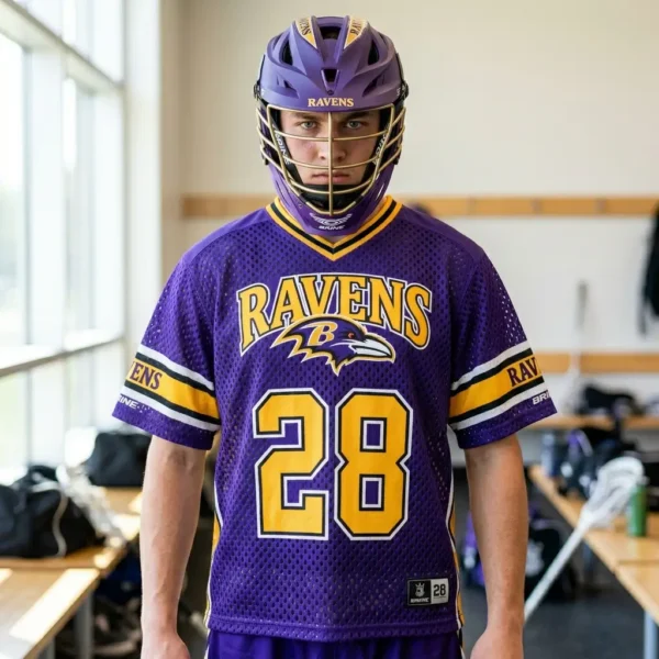 Custom purple porthole mesh lacrosse jersey.