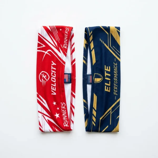 Custom red and navy sublimated headbands.
