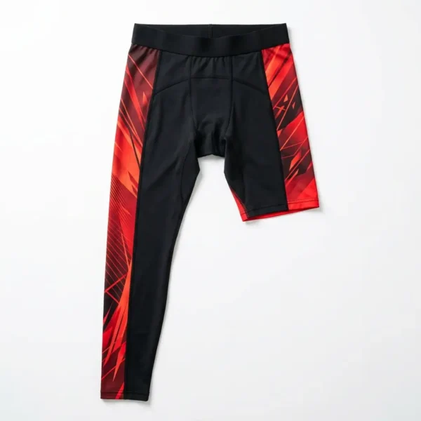 Custom red, black sublimated one leg compression pants.