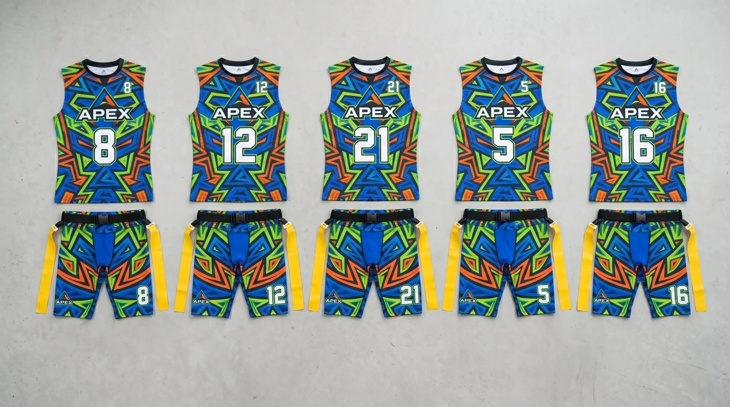 Custom sublimated apex team flag football uniforms.