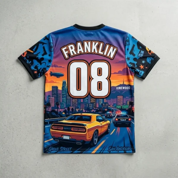Custom sublimated GTA gaming jersey back.