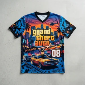 Custom sublimated GTA gaming jersey front.