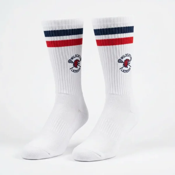 Custom white logo lacrosse team socks.