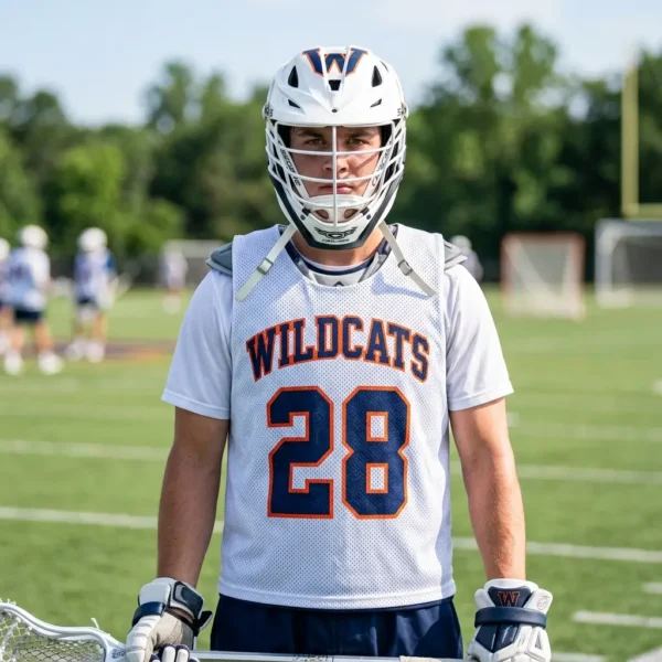 Custom white screen-printed lacrosse pinnie.