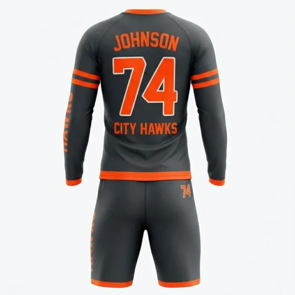 Dark gray neon orange men's box lacrosse uniform back.
