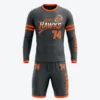Dark gray neon orange men's box lacrosse uniform front.