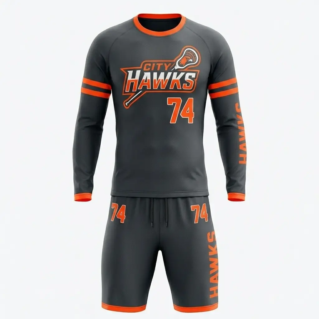 Dark gray neon orange men's box lacrosse uniform front.