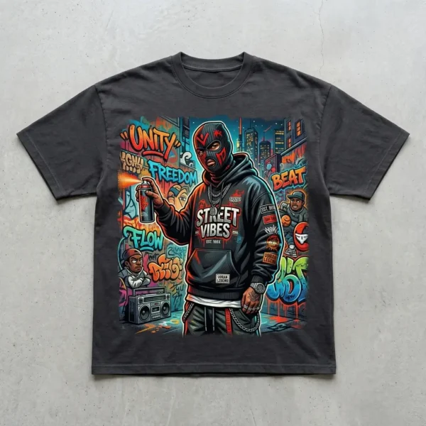 Charcoal oversized t-shirt showcasing a vibrant DTG graffiti graphic print of a character in a balaclava holding a spray paint can amidst urban text elements.